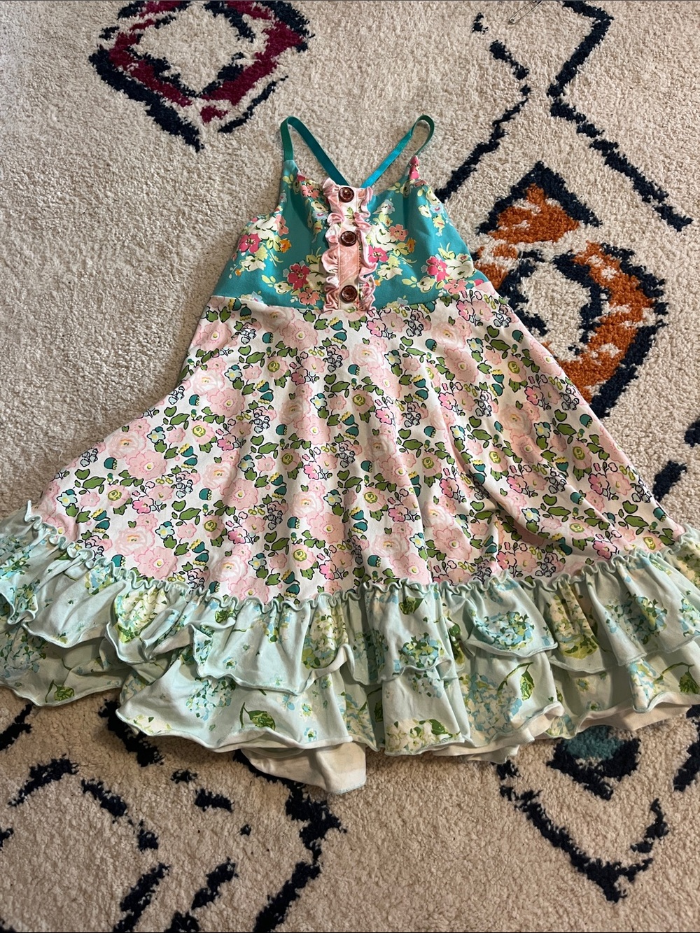 Girls Floral Sweet Honey Ruffle Sundress in Teal & Pink